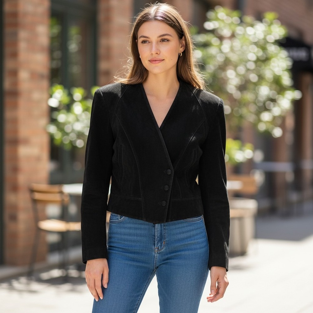 Wilsons Leather Vintage Cropped Western Jacket Black Structured Suede Small
